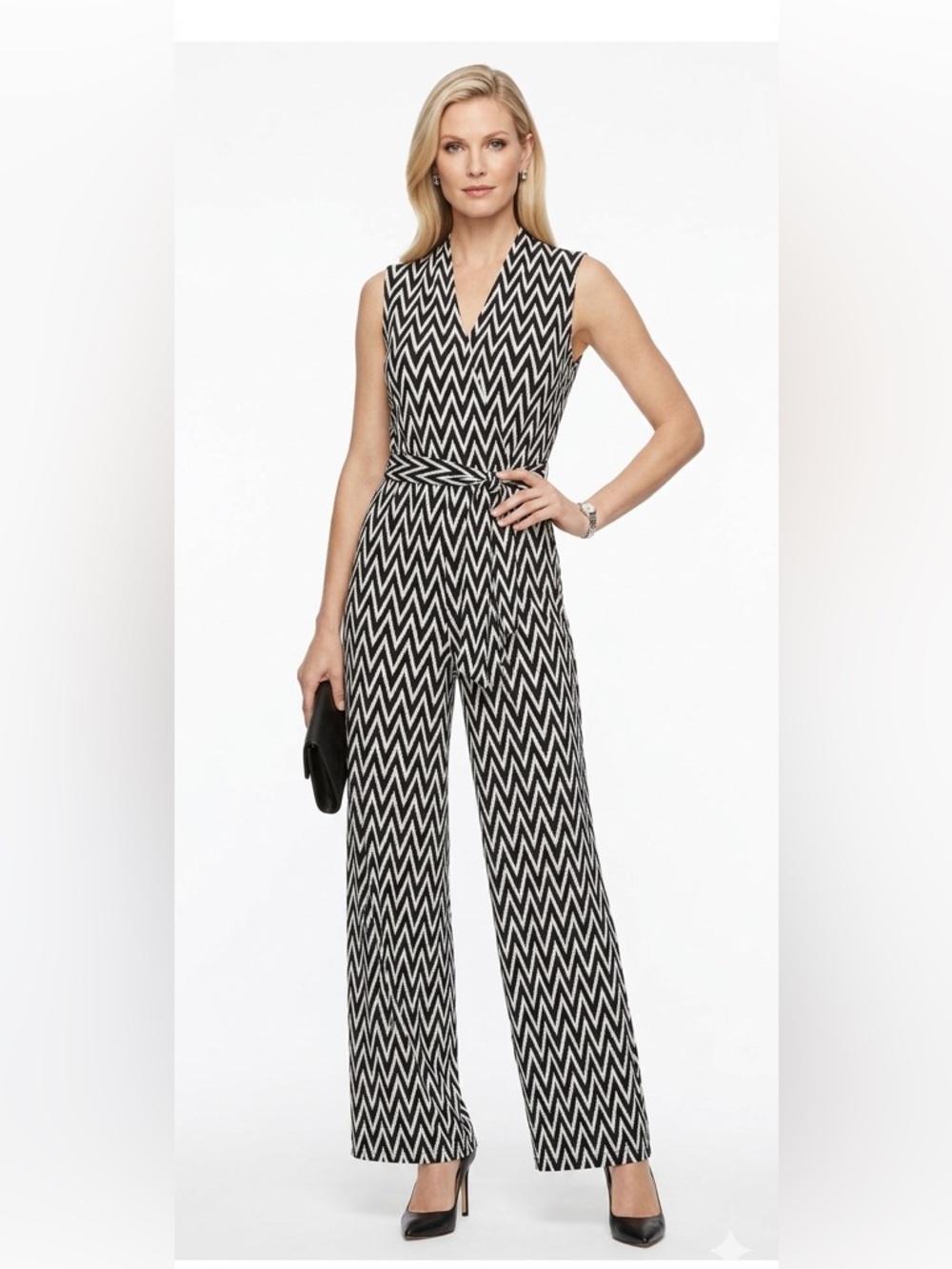 Donna Morgan Black & White Chevron Sleeveless Jumpsuit with Tie Waist